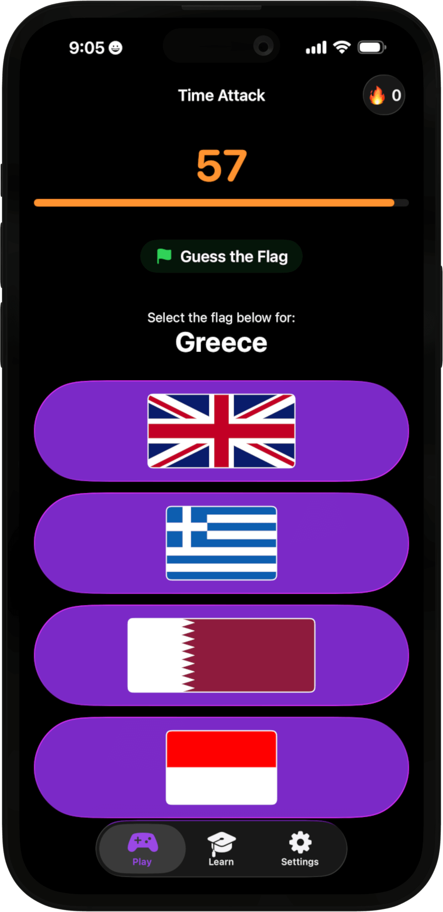 Vexill app screenshot showing a flag quiz