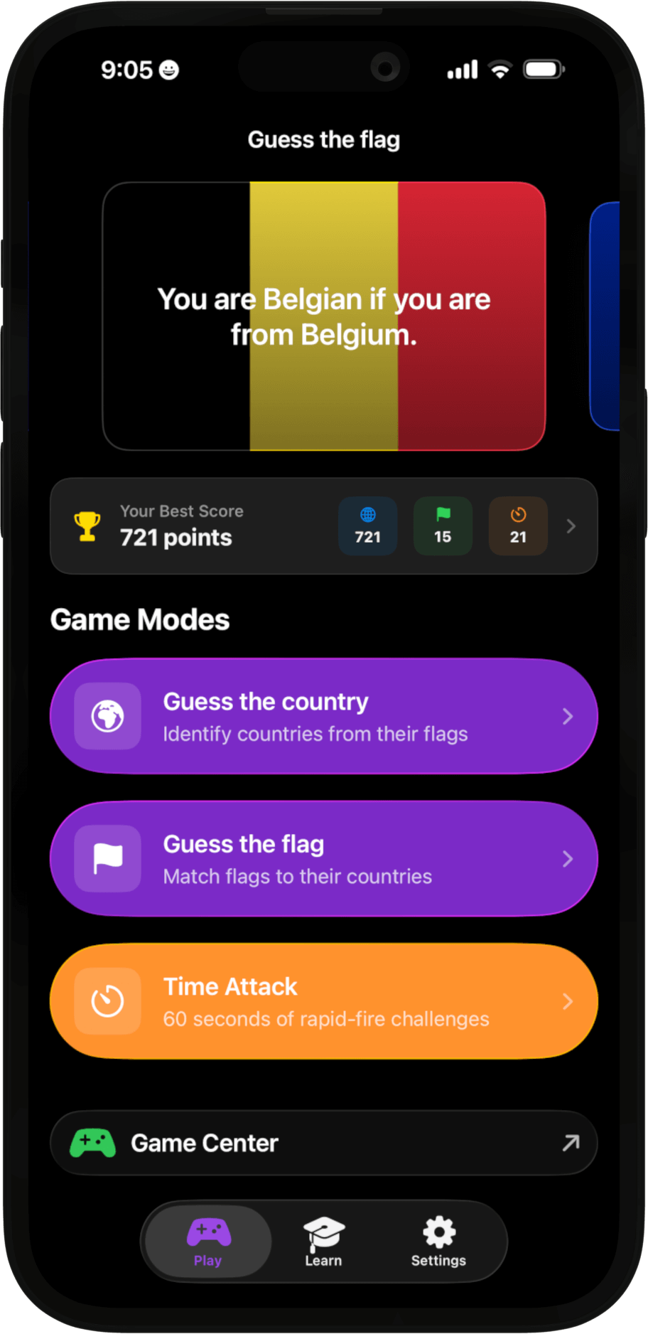 Vexill app screenshot showing time attack mode